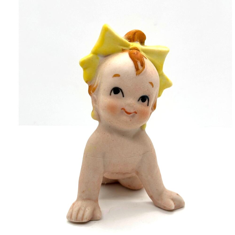 Vintage Crawling Kewpie Baby Bisque Figurine, Baby Girl with Yellow Bow